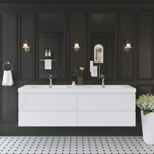 70.87 in. Double Sink Floating Glossy White Bath Vanity with White Resin Top Assembled