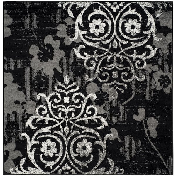 Adirondack 10 ft. x 10 ft. Square Black/Silver Floral Damask Area Rug