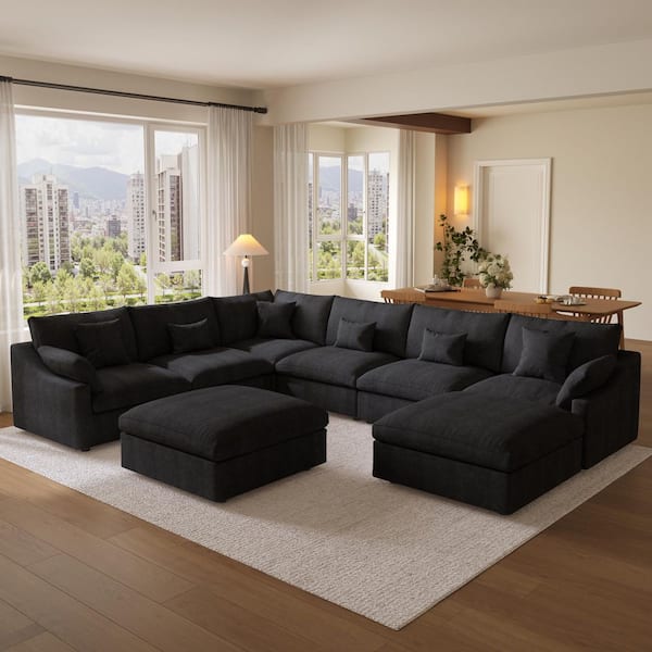 155.9 in. Slope Arm Linen U-Shaped Oversized Down Feather Modular Free Combination Sofa with Ottomans, Covers in Black
