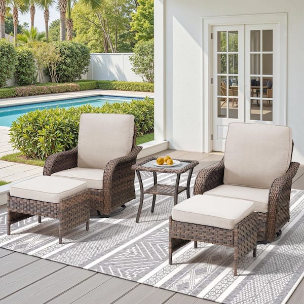 Rainf Rattan Brown 5-Piece Outdoor Patio Conversation Sets with Beige Cushions, 2 Swivel Sofas, 2 Ottomans, 1 Side Table