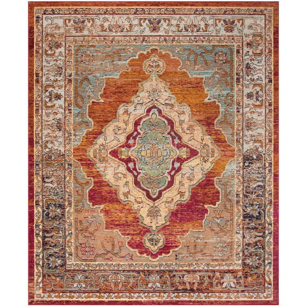 Crystal Orange/Light Blue 8 ft. x 10 ft. Border Medallion Area Rug
