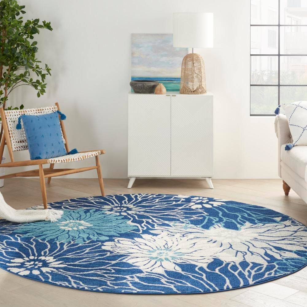 Navy and Ivory Round Floral Synthetic Area Rug, 8 ft