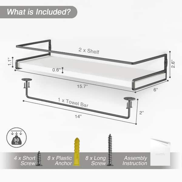 2-Pack 14 in. Wall Mounted Bathroom Shelves Towel Bar for Bathroom Organizer, Bedroom Kitchen Storage in White-Grey