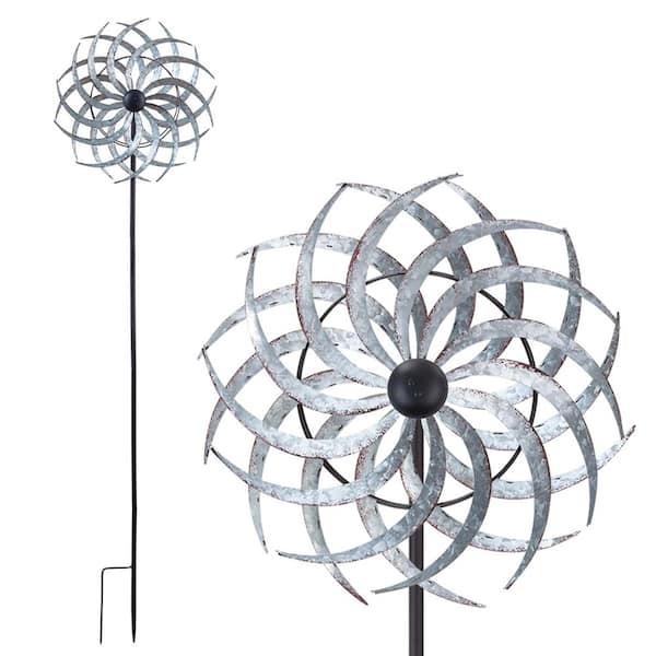 Alpine Corporation 58 in. Tall Outdoor Galvanized Metal Dual Windmill Spinner Stake Yard Decoration, Silver