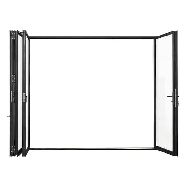 144 in. x 80 in. Black Aluminum Folding Patio Door, 3 Left + 1 Right Panels, Double-Pane Tempered Glass with Lockset