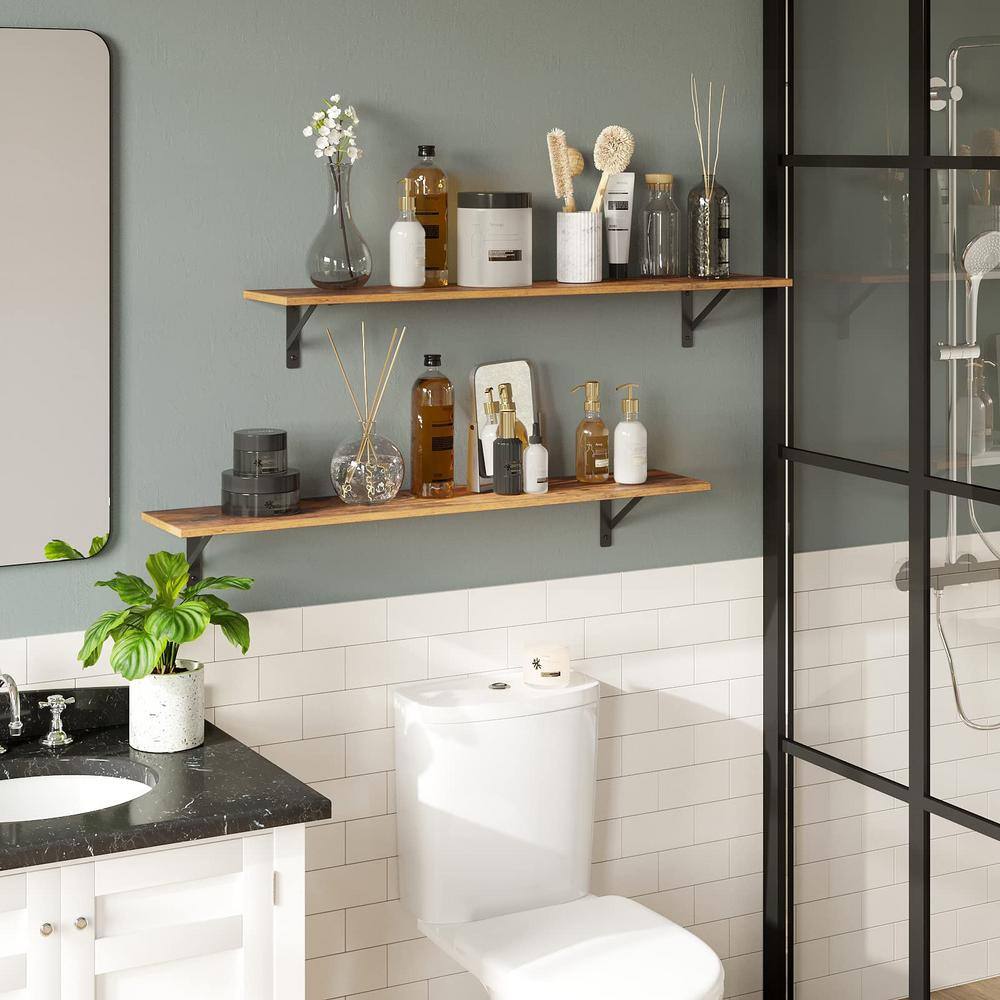 Rustic Brown 55" Wood Floating Shelves with Metal Brackets