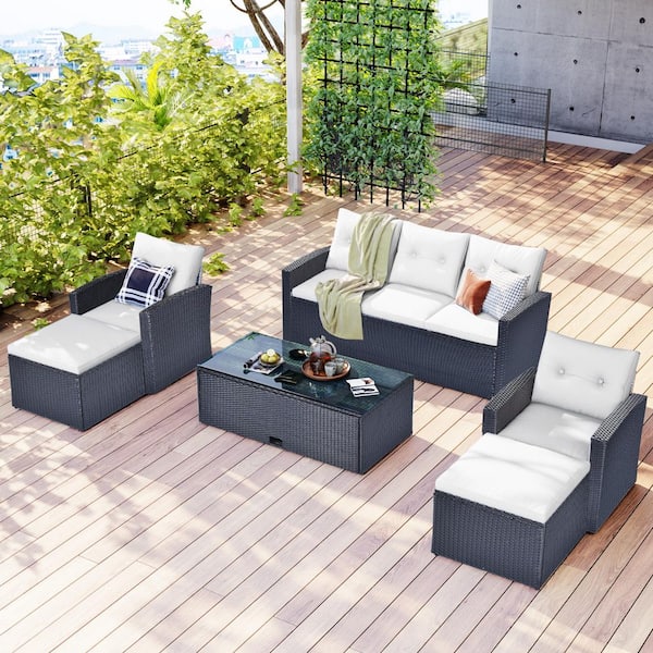 Huluwat Black Frame 6-Piece Wicker Patio Conversation Seating Set with Removable Beige Cushions, Table, Wicker Sofas, Ottomans