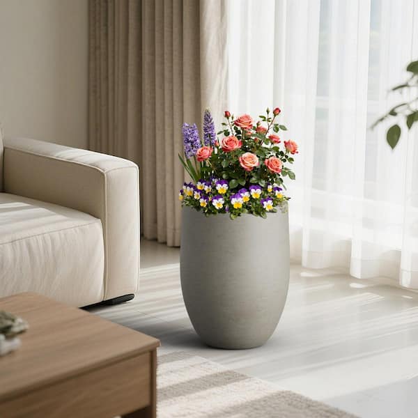 16in. W x 21.5in. H Concrete Tall Round Flower Planter Handcrafted Stone Gray Large Plant Pots with Drainage Hole