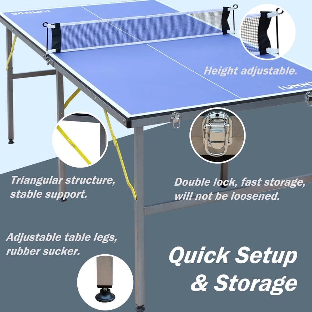Blue 6ft Foldable MDF Ping Pong Table Set with Net and Paddles