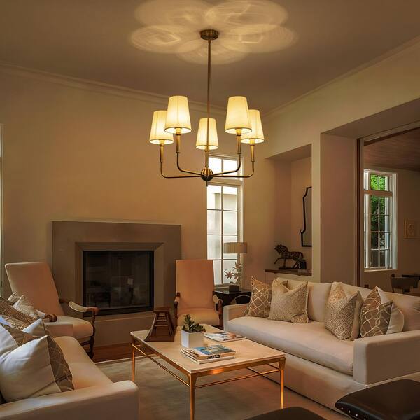 TinHon 5-Light Modern Gold Chandelier with White Fabric Shades for