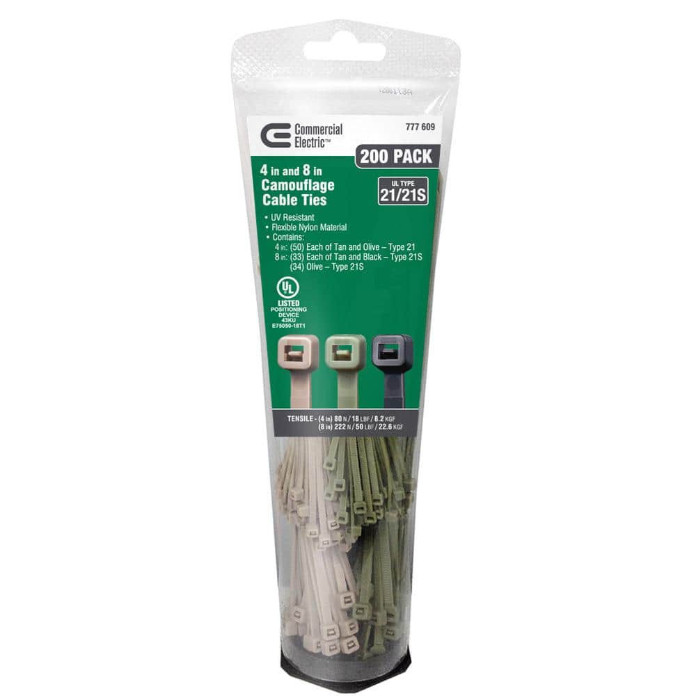 4in, 8in Assorted Camouflage UL 21S Rated Cable Zip Ties 200 COMBO Pack (As