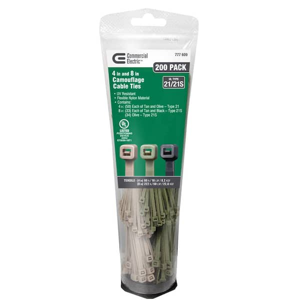 Commercial Electric 4in, 8in Assorted Camouflage UL 21S Rated Cable Zip Ties 200 COMBO Pack (Assorted Colors)