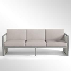 SquareChic Metal and Light Beige Wicker Outdoor 3-Seat Sectional Couch Sofa with Olefin Gray Cushions