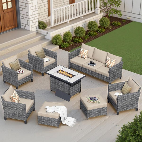 OVIOS New Star Gray 8-Piece Wicker Patio Rectangle Fire Pit Conversation Seating Set with Beige Cushions