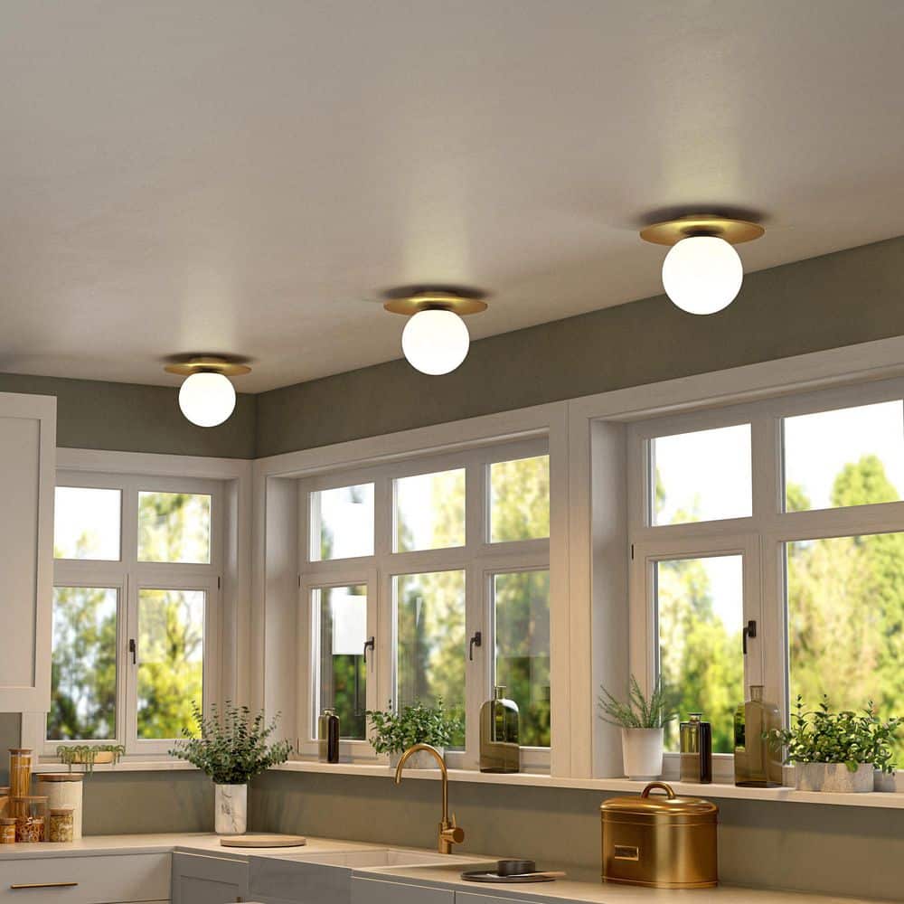 12" Brushed Brass Flush Mount with Milk Glass Globe Shade