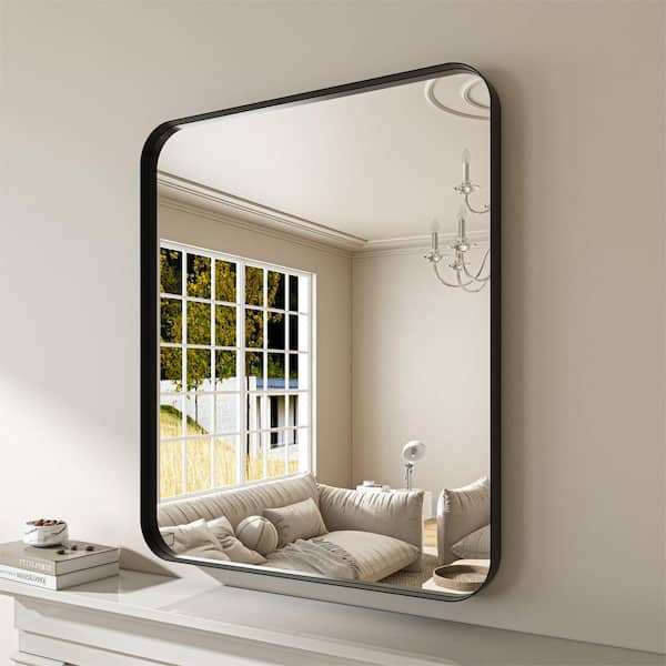 ORGANNICE 30 in. W x 36 in. H Rectangular Aluminum Framed Modern Black Rounded Wall Mirror