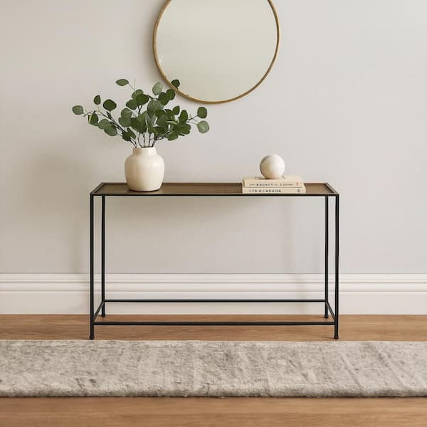 THE URBAN PORT Aurelia 48 in. Antique Bronze and Black Rectangle Metal Console Sofa Table with Tray Top