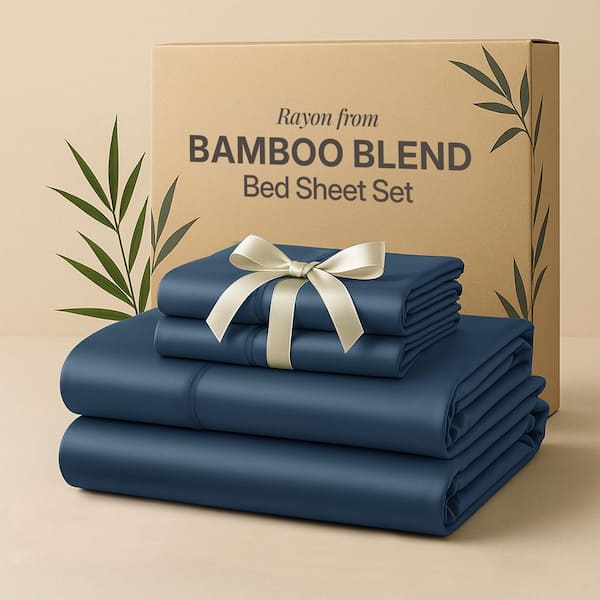 4-Piece Navy Solid Color Bamboo Blend Queen Sheet Set