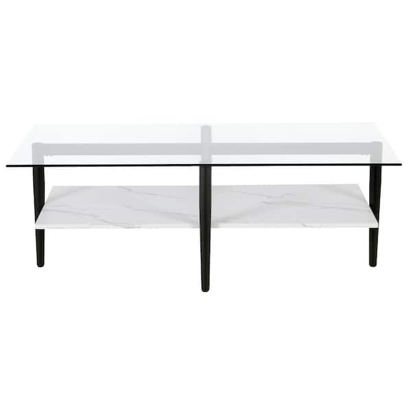 HomeRoots 47 in. Black Rectangle Glass Coffee Table with Shelves;Storage