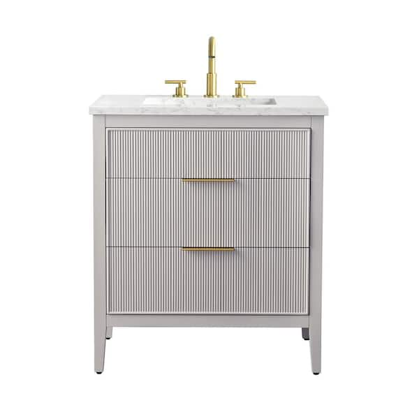 Emma 30 in. W Bath Vanity in Taupe with Engineered Stone Top in Arabescato with White Sink