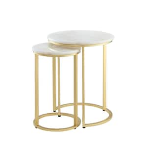 Marley 17.5 in. Wide Gold Round Stone End Table With Marble Top