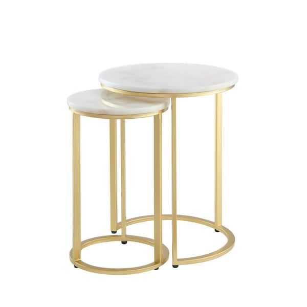 Inspired Home Marley 17.5 in. Wide Gold Round Stone End Table With Marble Top