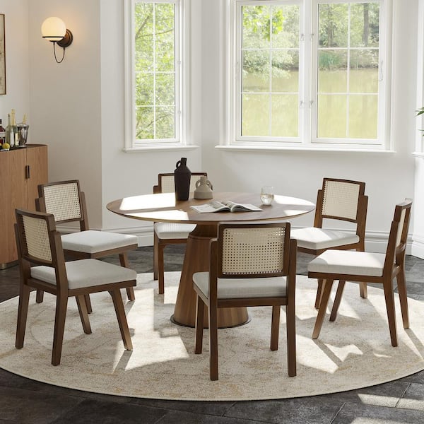 Augus Acorn 19 in.W Modern Reversible Woven Rattan Backrest Dining Chair with Solid Wood Legs Set of-6