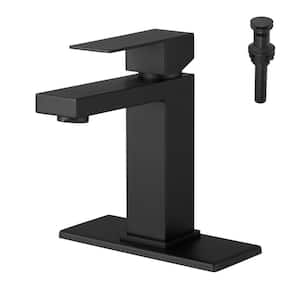 Single Handle Single Hole Bathroom Faucet with Deckplate Included, Pop Up Drain and Water Supply Hoses in Matte Black