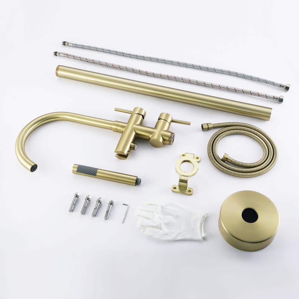 Brushed Gold Freestanding Tub Filler Faucet with Hand Shower