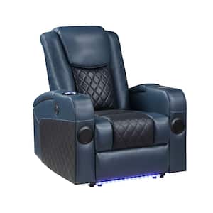 Black+Blue Faux Leather Power Recliner w/ Bluetooth, Wireless Charger and Cupholder