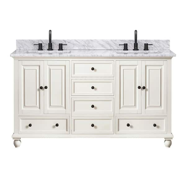 Thompson 61 in. Double Sink French White Bath Vanity with Carrara White Marble Top