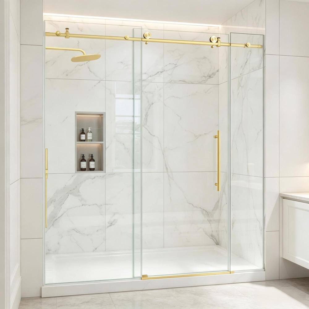 67 in. to 72 in. W x 76 in. H Frameless 3-Panel Sliding Shower Door in Brushed Gold with 1/4 in. Clear Tempered Glass price history on PriceWatchPro