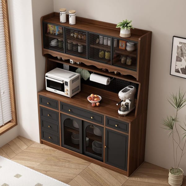 Zira Modern 63 in. W Brown Black Wood Buffet Sideboard Cabinet with 6 Drawers, Adjustable Shelves and Glass Doors