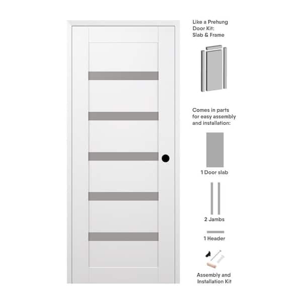 Leora 24 in. x 80 in. Left Hand 5 Lite Frosted Glass Snow White Composite Wood Single Prehung Interior Door