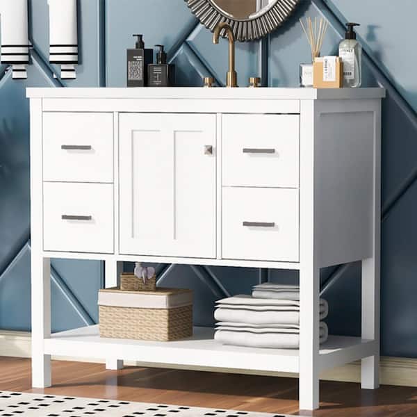 Unbranded 36 in. W x 18 in. D x 34 in. H Single Sink Freestanding Bath Vanity in White with White Cultured Marble Top