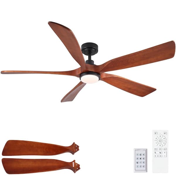 TeakAura 60 in. Indoor Matte Black Downrod Standard Ceiling Fan with Light and Walnut Wood Blades, Remote Included