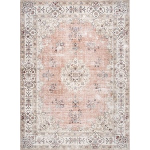 Ren Machine Washable Vintage Floral Peach 3 ft. x 8 ft. Indoor Runner Rug