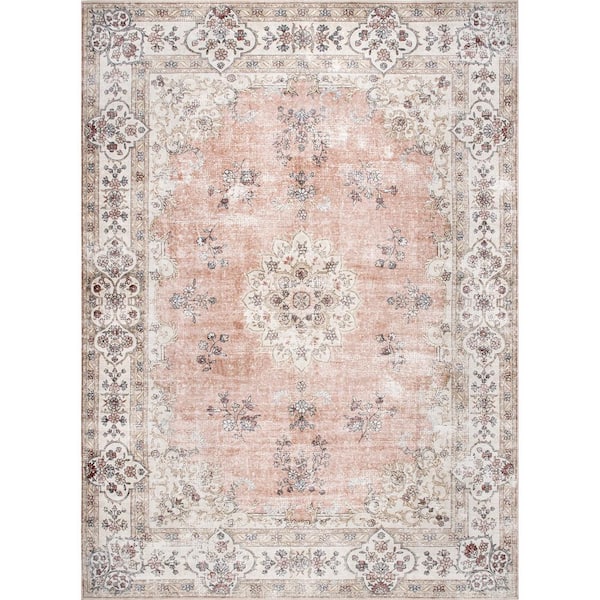 Ren Machine Washable Vintage Floral Peach 3 ft. x 8 ft. Indoor Runner Rug