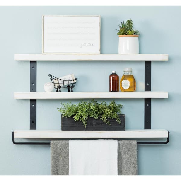Unbranded Industrial Grace 5.5 in. x 36 in. x 20 in. White Pine Wood 3-Tier with Towel Bar Decorative Wall Shelf with Brackets