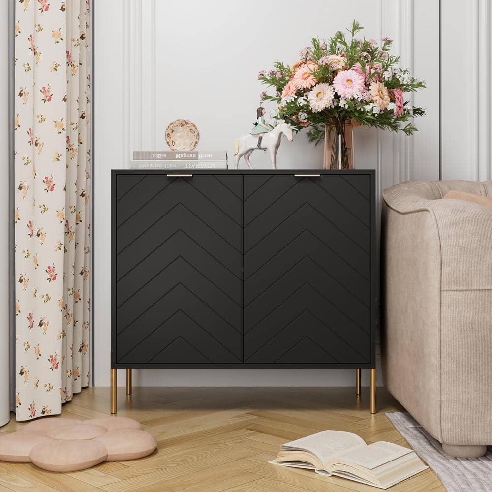 Black Chevron Pattern 2-Door Media Accent Cabinet with Gold Legs