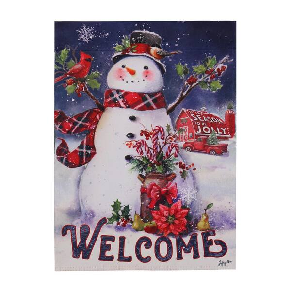 Evergreen 1 ft. x 1-1/2 ft. Christmas Barn Snowman Garden Suede Flag