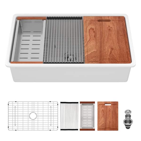 33 in. Undermount Single Bowl White Ceramic Workstation Kitchen Sink with Bottom Grids, Dish Drainer‌&Cutting Board