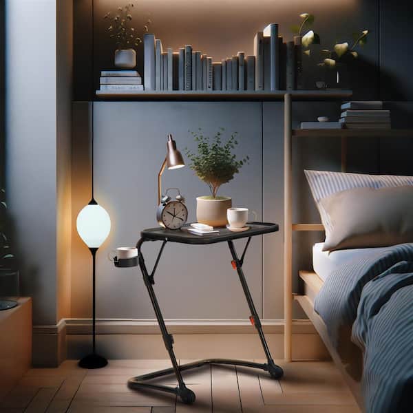 Homy Casa BASEN B Adjustable Height and Tilt Black Nightstand with Fixed Cup Holder-Ideal for Modern Bedrooms and Living Spaces