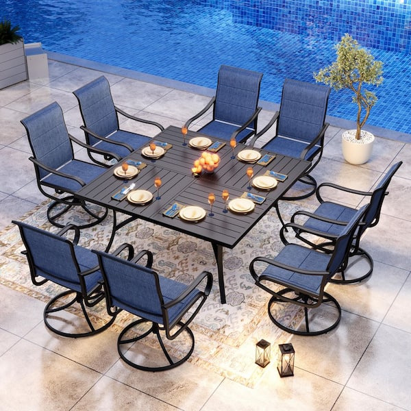 PHI VILLA Black 9-Piece Metal Outdoor Patio Dining Set with Slat Extra-Large Square Table and Padded Blue Textilene Swivel Chairs
