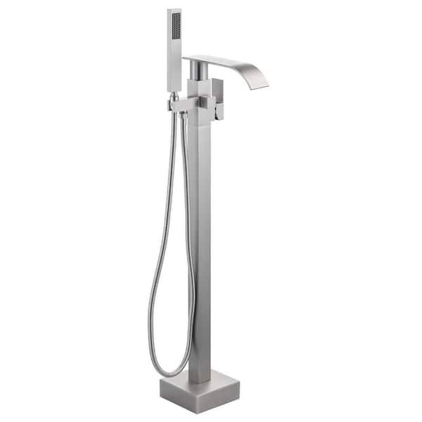 Brass Waterfall Single-Handle Floor Mount Freestanding Bathtub Faucet with Hand Shower and Supply Line in Brushed Nickel