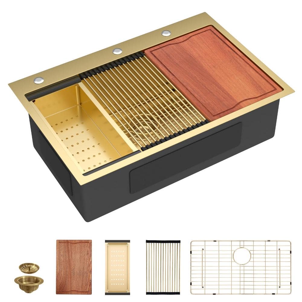 "36"" Luxury Gold Workstation Drop-In Kitchen Sink, Single Bowl, 16 Gauge 304 Stainless Steel, Nano-PVD Finish" price history on PriceWatchPro