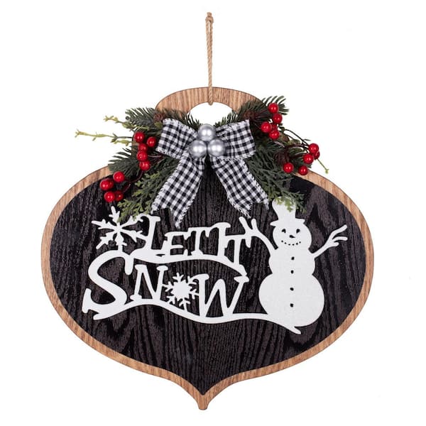 Let it Snow Christmas Holiday Wood Hanging Sign Wall Decor Rustic Wooden Glitter 