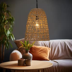 Bohemian 60 W 1-Light Brown and Black Island Pendant Light with Handwoven Natural Rattan Shade, Rustic Ceiling Light