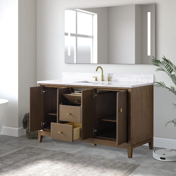 60 in. W x 34 in. H Single Sink Walnut Bath Vanity Cabinet with Arabescato White Engineered Marble Top