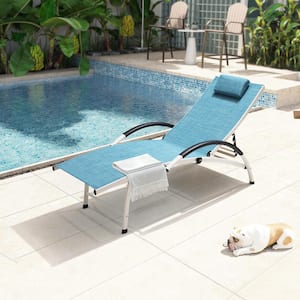 1-Piece Aluminum Adjustable Outdoor Chaise Lounge with Headrest in Blue